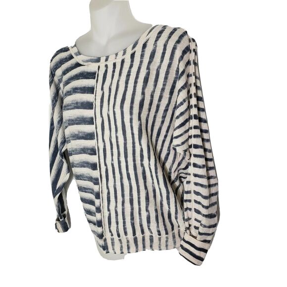 DKNY Jeans Petites Womens Size PS Top 100% Cotton Striped Blue Beige Dolman - Picture 6 of 9